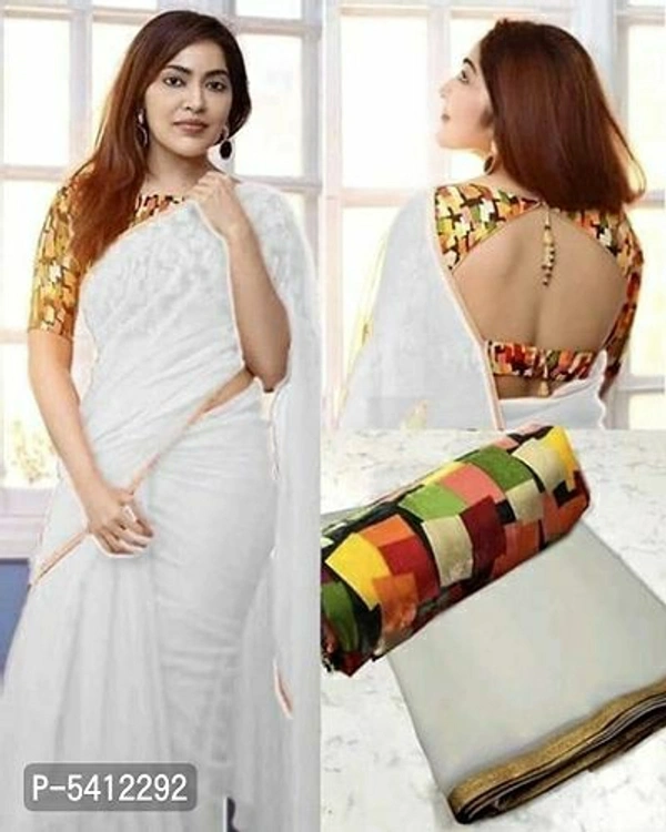 Attractive Georgette Solid Saree with Printed Blouse piece - Free shipping