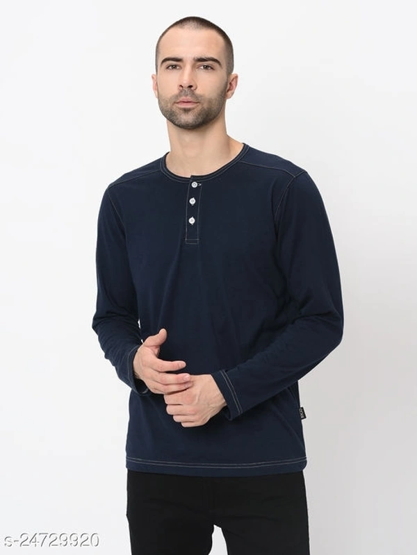 Contrast Stitch Solid Henley Neck T-Shirt - Cotton Blend, S (Chest Size: 36 in, Length Size: 27 in) 