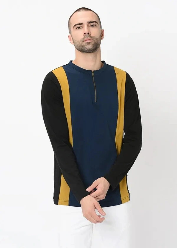 Three-Tone Colour Block Henley Zip Up T-Shirt - cotton blend, S (Chest Size: 36 in, Length Size: 27 in) 