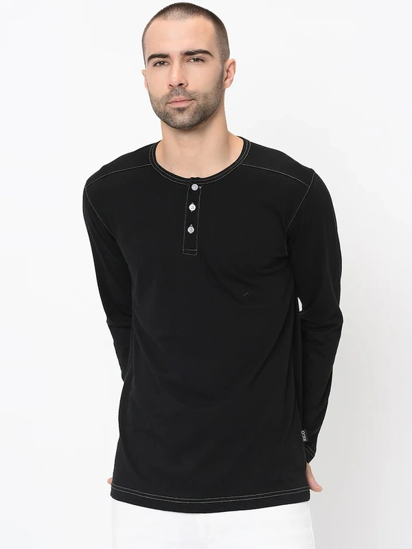 Contrast Stitch Solid Henley Neck T-Shirt - cotton blend, S (Chest Size: 36 in, Length Size: 27 in) 