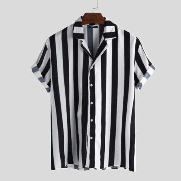 Black Striped Half Sleeve Shirt - Rayon, S (Chest Size: 37 in, Length Size: 28in) 