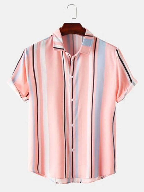 Pink Light Striped Short Sleeves Shirt - Lycra, S (Chest Size: 37 in, Length Size: 28in) 