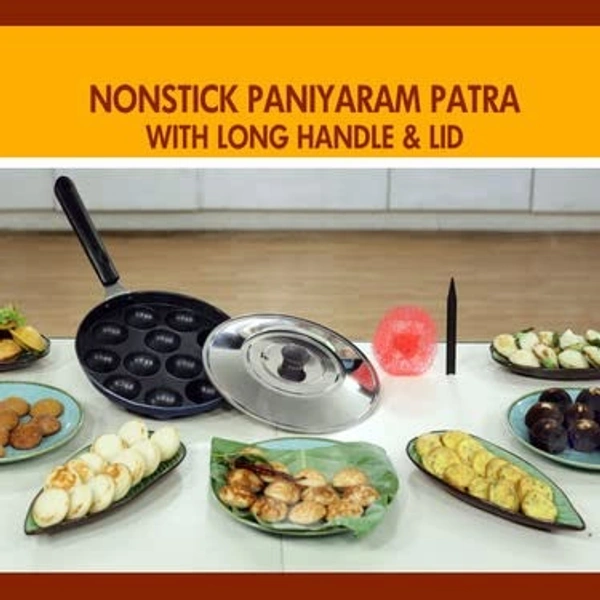 mart Single Handle 12 Cavity Appam Patra Paniyarakkal Paniyaram with Steel Lid Paniarakkal with Lid 1 L Capacity 23 cm Diameter (Aluminium, Non-Stick)