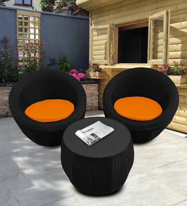 Zecado Fortune 2 Seater Outdoor Patio Set in Black Corduroy Finish with Orange Cushion - Black, Orange