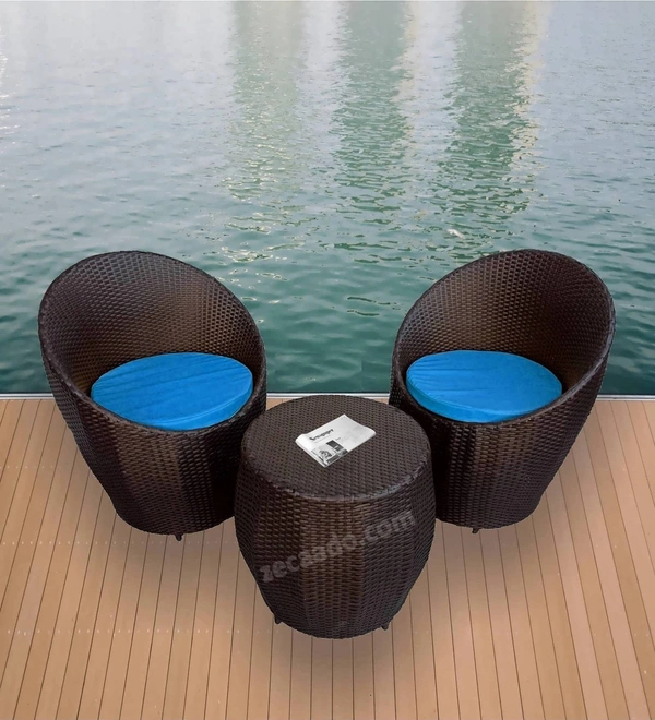 Zecado Ovate 2 Seater Patio Coffee Table with Blue Cushions in Brown Corduroy Finish - Brown, Blue