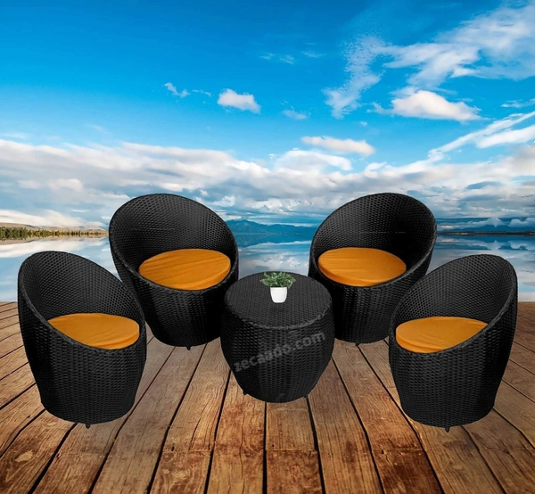 Zecado Ovate 4 Seater Patio Coffee Table with Orange Cushions in Black Corduroy Finish - Black, Orange