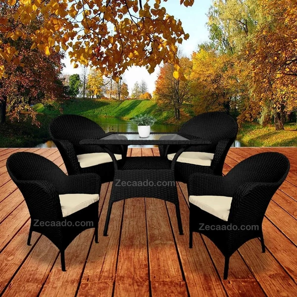 Zecado Pristine 4 Seater Wicker Lawn Chair Set in Black Corduroy Finish with Off-White Cushions - Black, Off-White