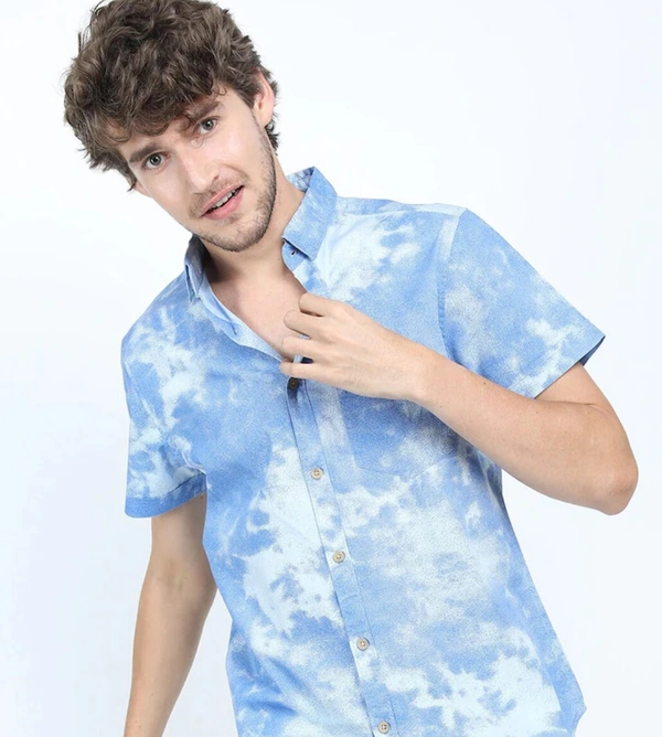 Slim Fit Half Sleeves Printed Casual Shirt - BLUE AND WHITE, S