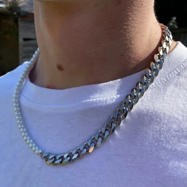 Unisex Pearl Necklace Half N Half