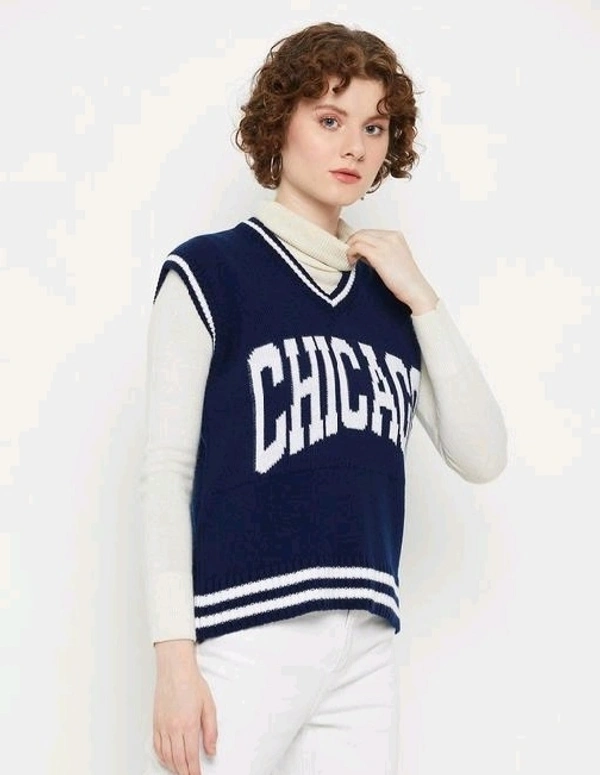 YSS Women V Neck Sleeveless Typography Sweater - L, Dark Blue