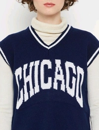 YSS Women V Neck Sleeveless Typography Sweater - L, Dark Blue