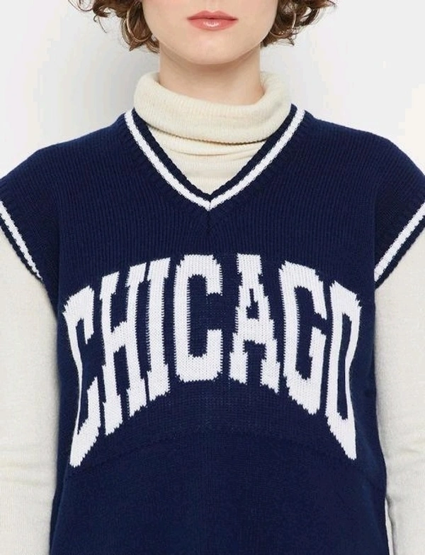 YSS Women V Neck Sleeveless Typography Sweater - L, Dark Blue