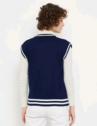 YSS Women V Neck Sleeveless Typography Sweater - L, Dark Blue