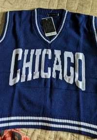 YSS Women V Neck Sleeveless Typography Sweater - L, Dark Blue