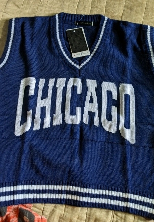 YSS Women V Neck Sleeveless Typography Sweater - L, Dark Blue