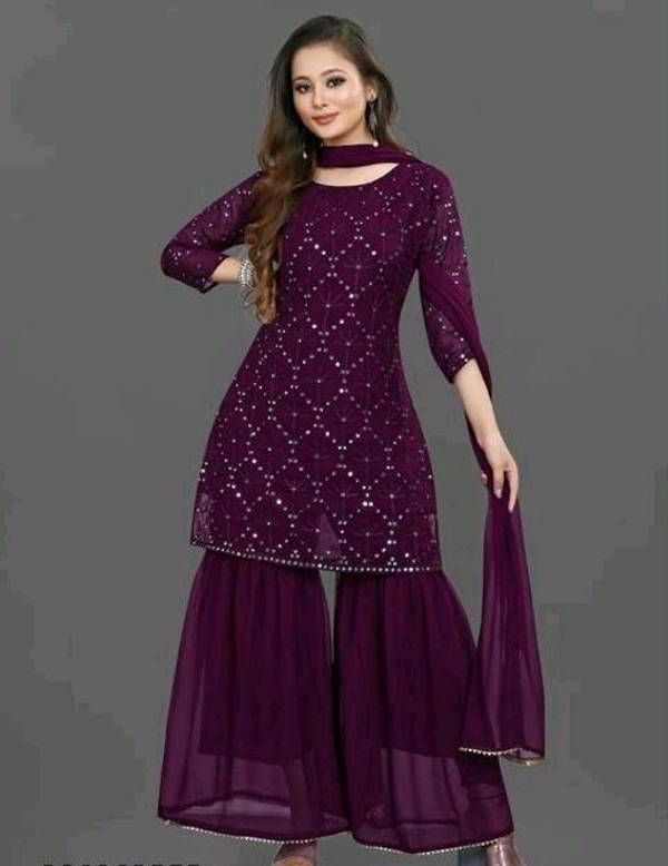 YSS Women's Georgette Sequence Work Kurta Solid Sharara with Dupatta Set - S