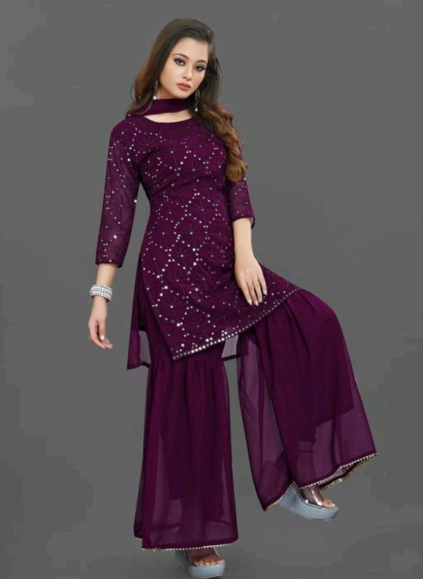 YSS Women's Georgette Sequence Work Kurta Solid Sharara with Dupatta Set - S