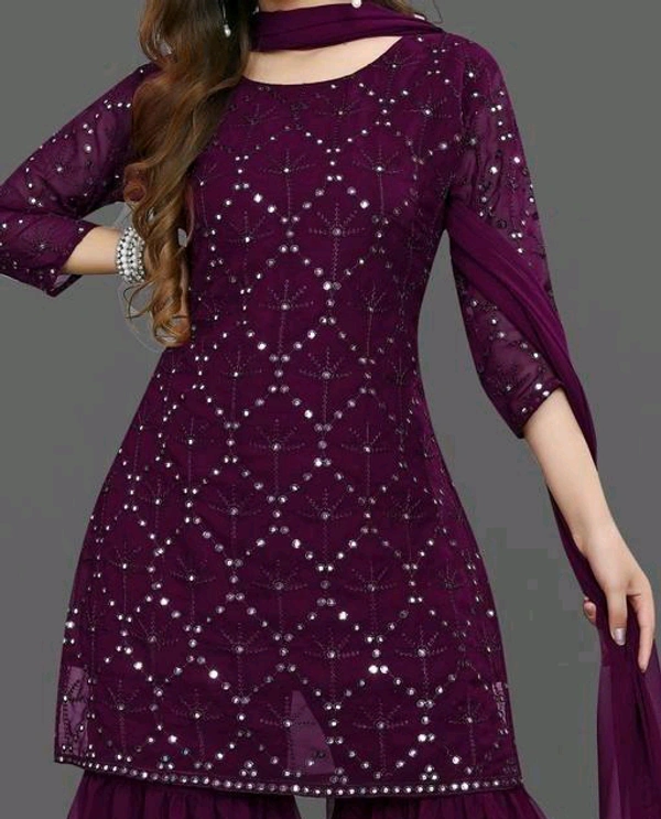 YSS Women's Georgette Sequence Work Kurta Solid Sharara with Dupatta Set - S