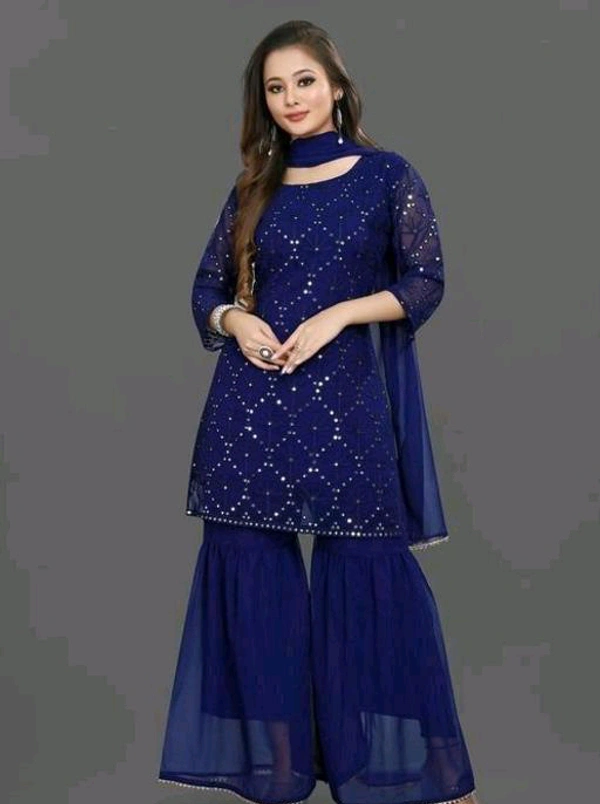 YSS Women's Georgette Sequence Work Kurta Solid Sharara with Dupatta Set - S