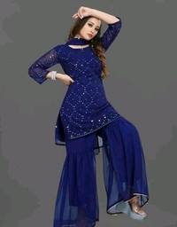 YSS Women's Georgette Sequence Work Kurta Solid Sharara with Dupatta Set - S