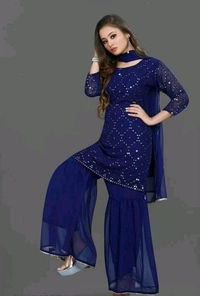 YSS Women's Georgette Sequence Work Kurta Solid Sharara with Dupatta Set - S