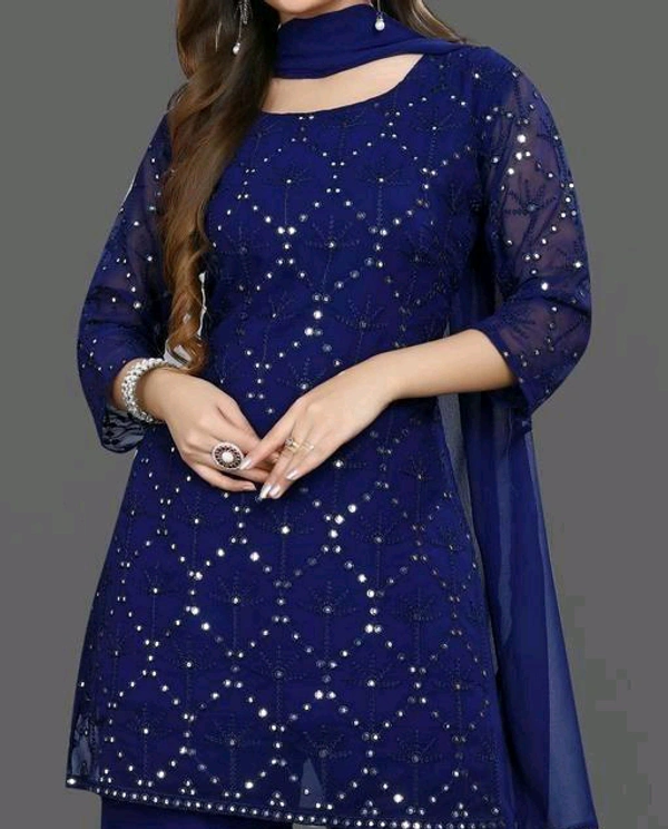 YSS Women's Georgette Sequence Work Kurta Solid Sharara with Dupatta Set - S