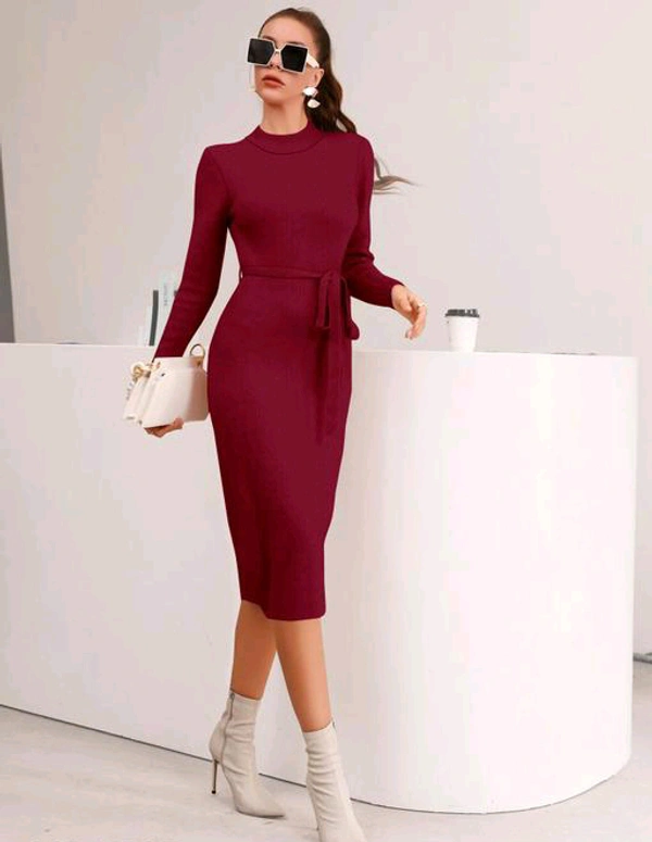 YSS Full Sleeve Round Neck Stretchable Knee Length Trending Western One Piece - M, Maroon