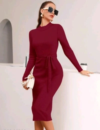 YSS Full Sleeve Round Neck Stretchable Knee Length Trending Western One Piece - M, Maroon