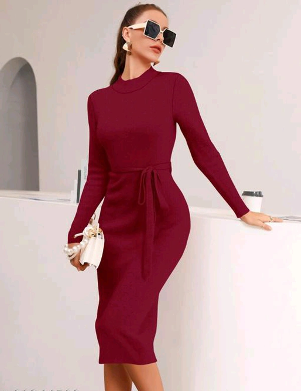YSS Full Sleeve Round Neck Stretchable Knee Length Trending Western One Piece - M, Maroon