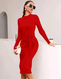 YSS Full Sleeve Round Neck Stretchable Knee Length Trending Western One Piece - S, Red