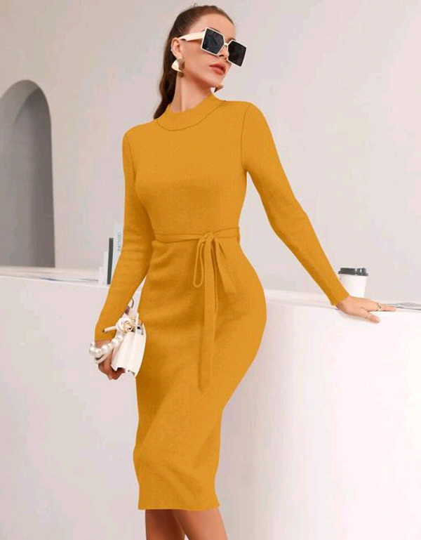 YSS Full Sleeve Round Neck Stretchable Knee Length Trending Western One Piece - S, Web Orange