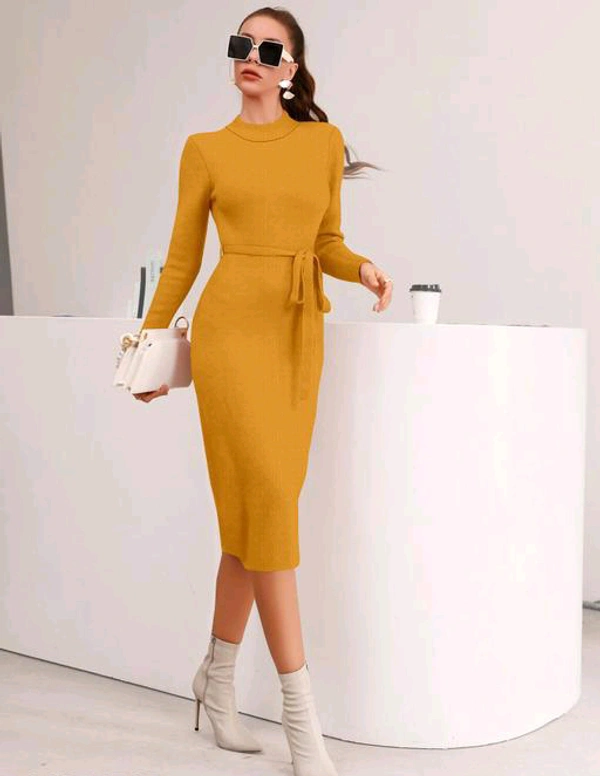 YSS Full Sleeve Round Neck Stretchable Knee Length Trending Western One Piece - XL, Web Orange