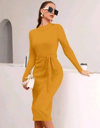 YSS Full Sleeve Round Neck Stretchable Knee Length Trending Western One Piece - XL, Web Orange