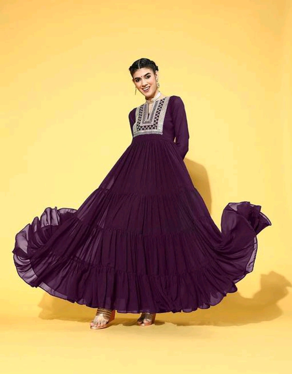 YSS Yoke Embroidered Tiered Georgette Ethnic Dress - XL