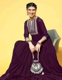 YSS Yoke Embroidered Tiered Georgette Ethnic Dress - XL