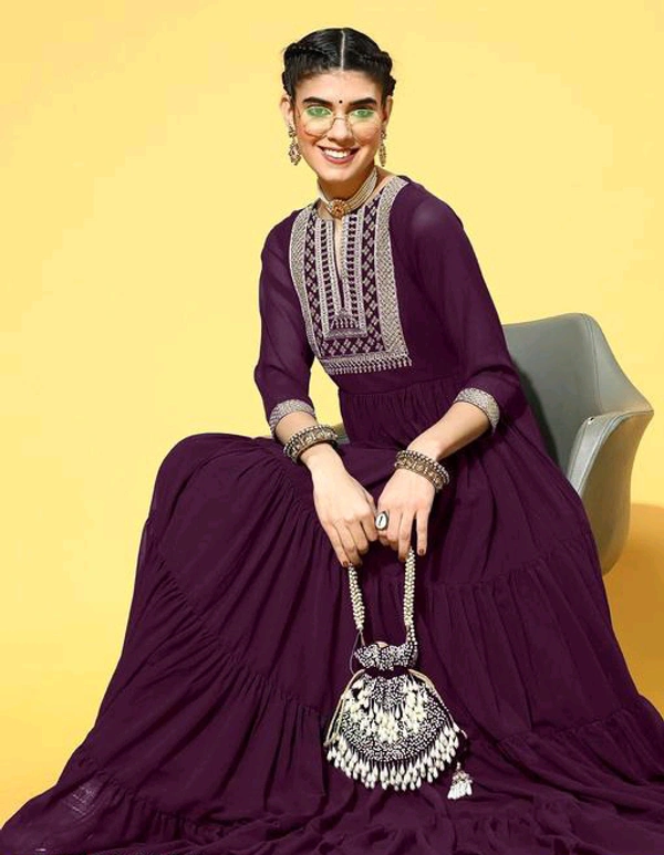 YSS Yoke Embroidered Tiered Georgette Ethnic Dress - XL