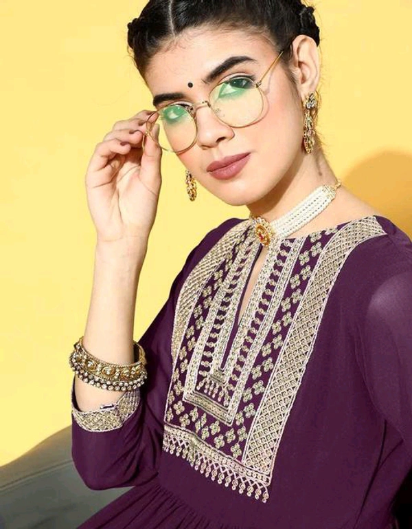 YSS Yoke Embroidered Tiered Georgette Ethnic Dress - XL