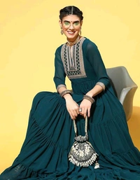 YSS Yoke Embroidered Tiered Georgette Ethnic Dress - L