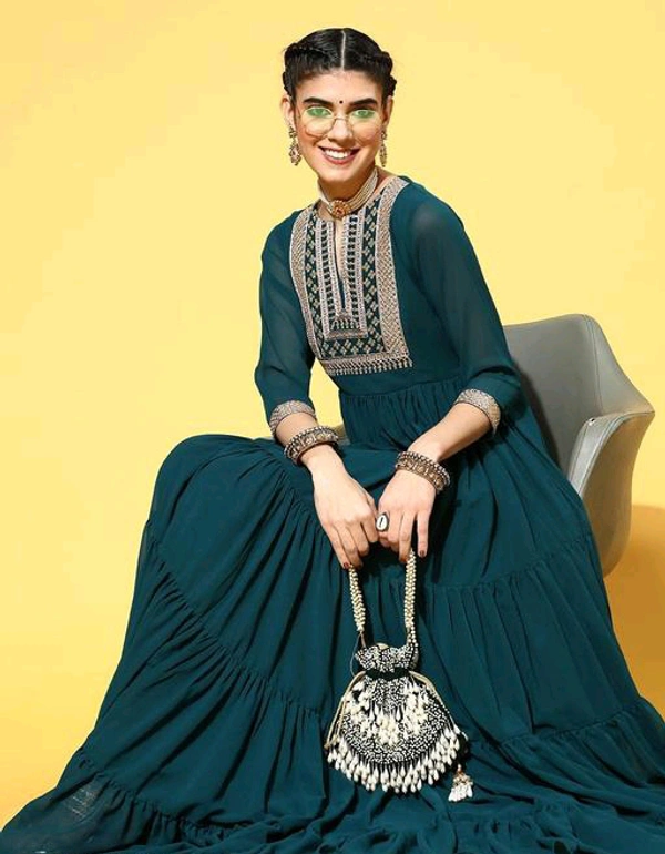 YSS Yoke Embroidered Tiered Georgette Ethnic Dress - L