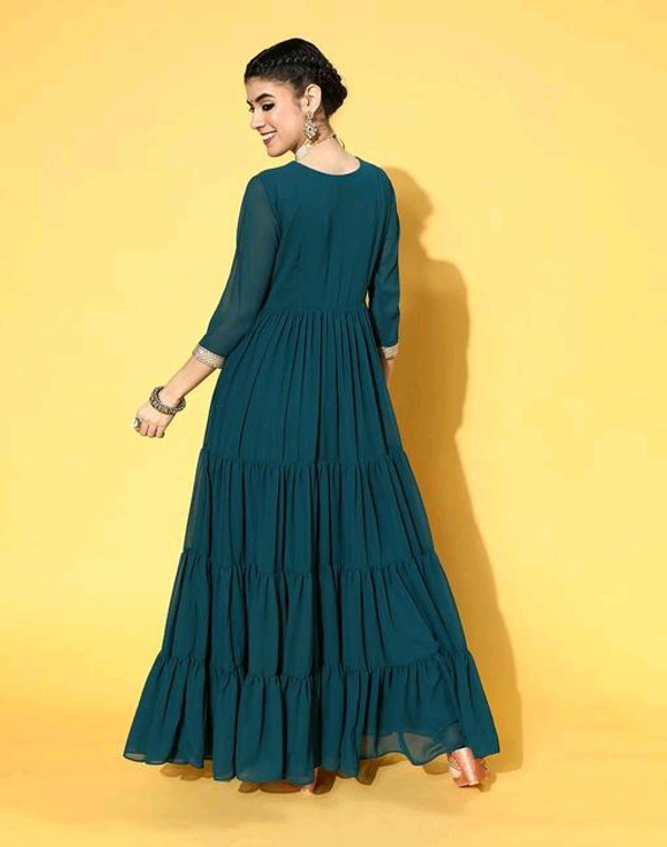 YSS Yoke Embroidered Tiered Georgette Ethnic Dress - L