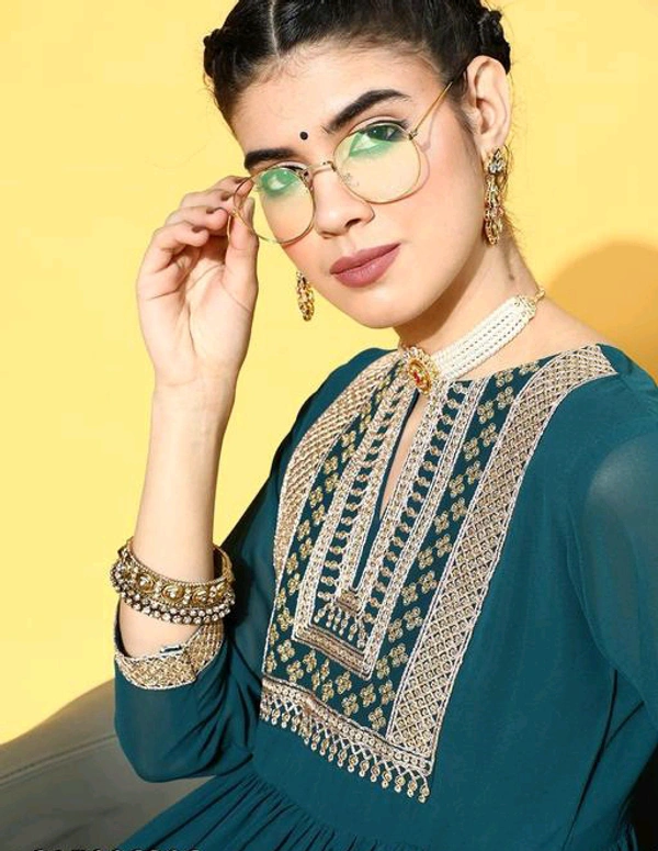 YSS Yoke Embroidered Tiered Georgette Ethnic Dress - L