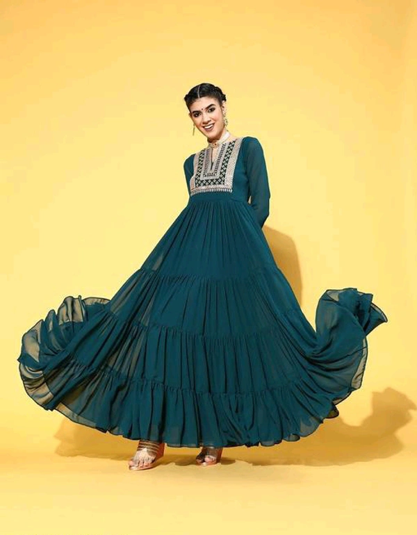 YSS Yoke Embroidered Tiered Georgette Ethnic Dress - XL