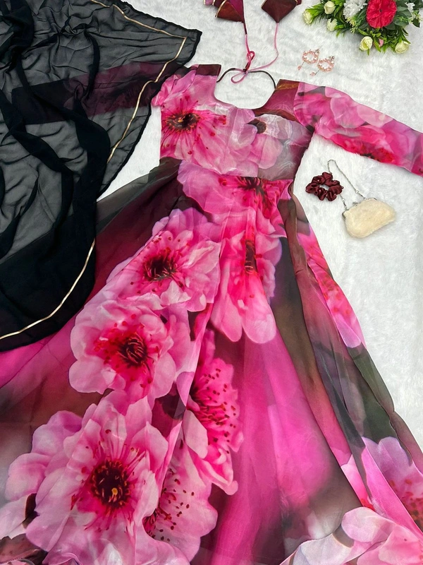 * Anarkali gown* - Digital printed Jimmy organza silk suit  with 8mtr huge flair 🌸(am)