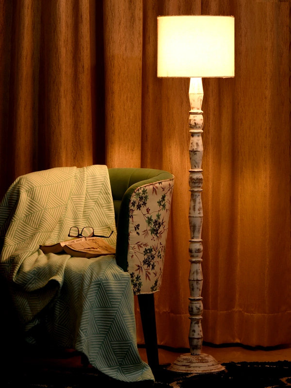 Distress White Floor Lamp with White Cotton Shade