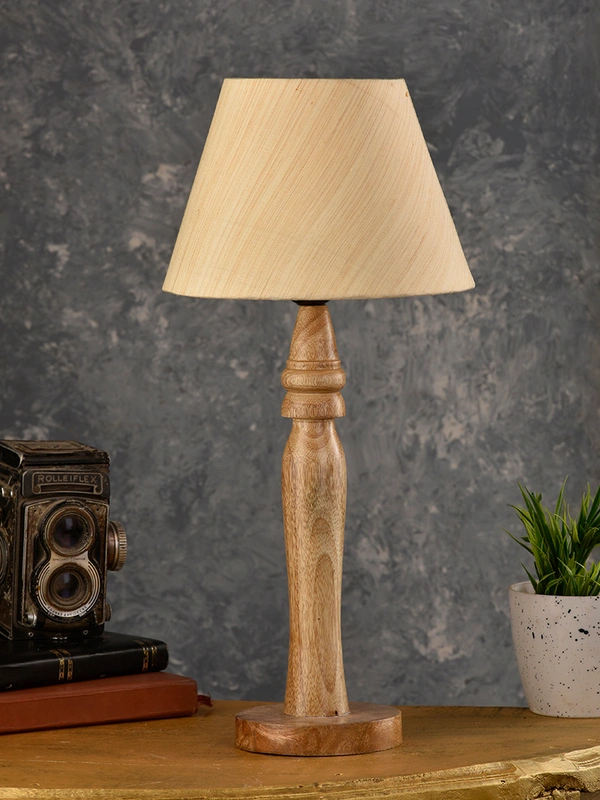Green girgit Round Brown Lamp with Taper Off White Cotton Shade